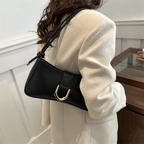 Minimalistische PU Leder Unterarmtasche Für Damen Vintage Schultertasche Mit Goldener Schnalle Knotenriemen Lässige Handtasche