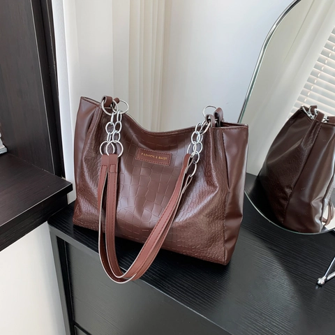 Damen Große Kapazität Tote Bag Krokodilmuster PU Leder Umhängetasche Silberkette Minimalistische Pendler Achseltasche