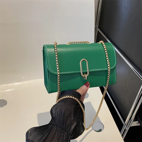 Dames Vintage PU Leer Kleine Vierkante Schoudertas Metalen Slot Contraststiksel Mode Ketting Crossbody Handtas