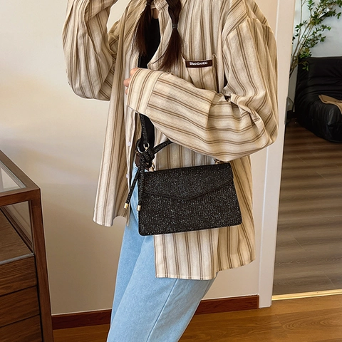 Damen Pailletten Umhängetasche Mit Knotengriff PU Leder Flip Kleine Quadratische Abendtasche Mode Crossbody Handtasche