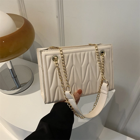 Minimalistische Gewatteerde PU Schoudertas Voor Dames Grote Capaciteit Ruit Stiksel Tote Handtas Met Ketting Casual Tas