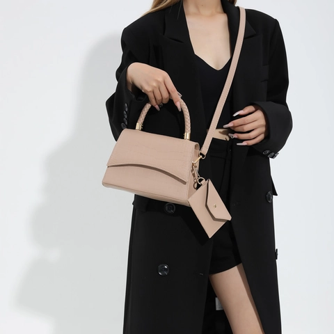 Sac à Main Femme en Cuir PU Motif Crocodile Poignée Tressée Petit Sac Carré Mode Sac à Bandoulière à Rabat Avec Mini Pochette