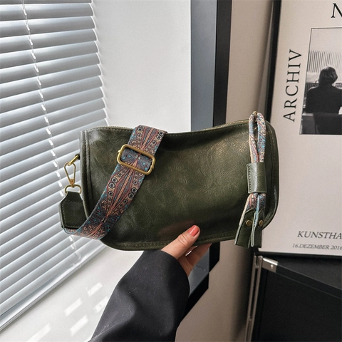 Vintage PU Leather Cylinder Shoulder Bag For Women Large Capacity Crossbody Bag With Bohemian Wide Strap And Scarf Decor