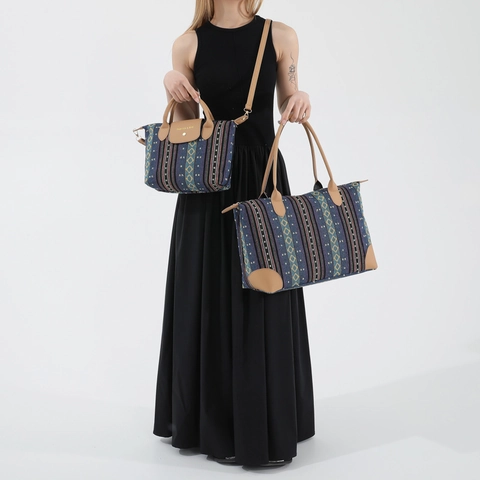 Damen Vintage Ethnische Gewebte Tragetasche Boho Gestreifte Leinwand Schultertasche Große Kapazität Handtasche Mit PU Ledergriff