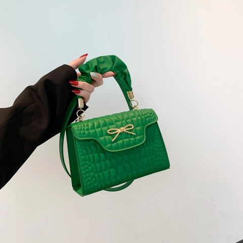 Sac à Épaule pour Femmes Avec Poignée Plissée Motif Crocodile Nœud Matériel Cuir PU Petit Sac Carré Bandoulière Mode