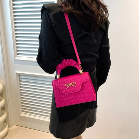 Sac à Épaule pour Femmes Avec Poignée Plissée Motif Crocodile Nœud Matériel Cuir PU Petit Sac Carré Bandoulière Mode