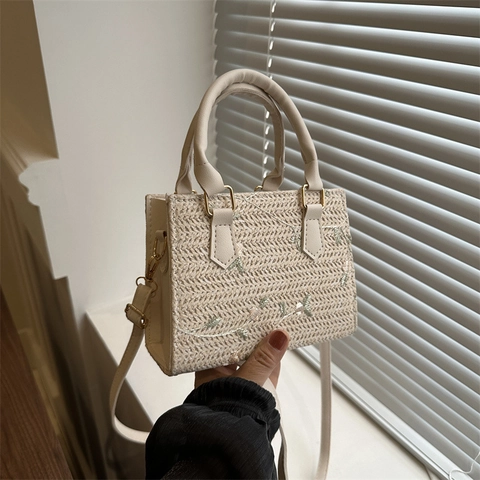 Women Summer Pastoral Straw Woven Small Square Crossbody Bag Floral Embroidery Beach Vacation Shoulder Handheld Bag
