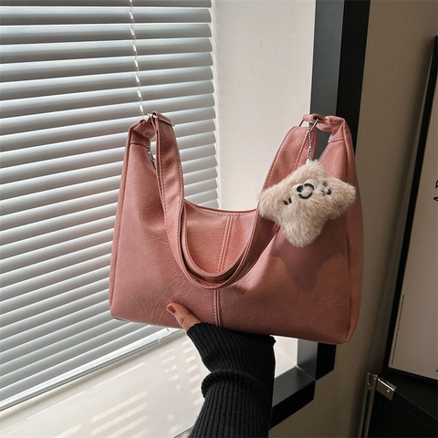Retro Large Capacity Nylon Shoulder Bag For Women Solid Color Hobo Underarm Tote Bag With Plush Pendant Fashion Commuter Bag