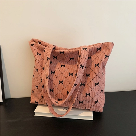 Mujer Pana Bolso Tote Con Estuche Retro Lazo Celosía de Diamante Bolso de Hombro Gran Capacidad Moda Diario Bolso de Mano