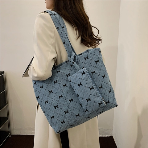 Mujer Pana Bolso Tote Con Estuche Retro Lazo Celosía de Diamante Bolso de Hombro Gran Capacidad Moda Diario Bolso de Mano