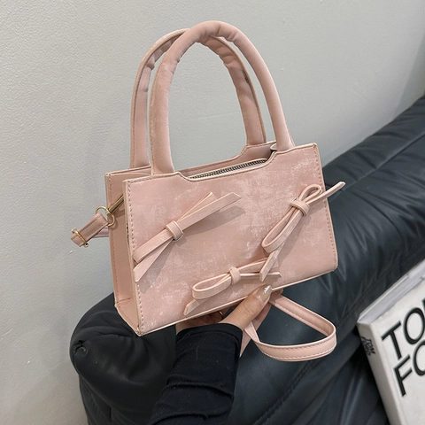 Bolso Bandolera Cuadrado Pequeño de PU con Lazo para Mujer Dulce Bolso de Hombro de Color Sólido Versátil con Asa Superior