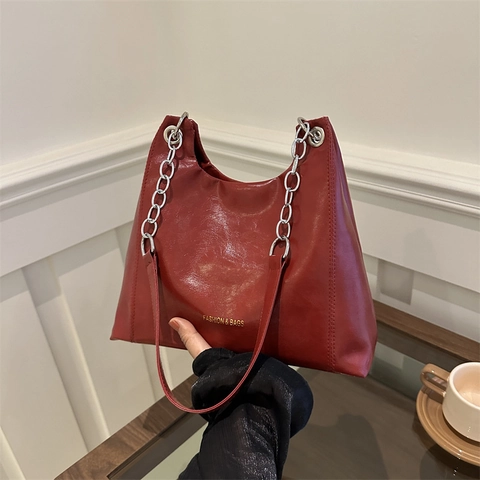 Bolso Tote de Cuero PU para Mujer de Moda Gran Capacidad Correa de Cadena Bolso de Hombro Color Sólido Simple Viaje Diario Axila