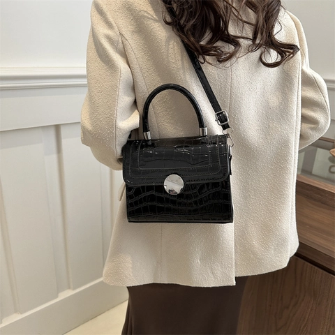 Bolso de Mano de Cuero PU con Patrón de Cocodrilo para Mujer Moda Cierre Redondo Bolso de Hombro Vintage Bandolera Cuadrada Elegante
