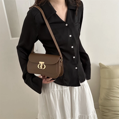 Bolso de Hombro de Cuero PU de Color Sólido Vintage con Cierre Metálico Elegante Bolso Cuadrado Pequeño para Mujer