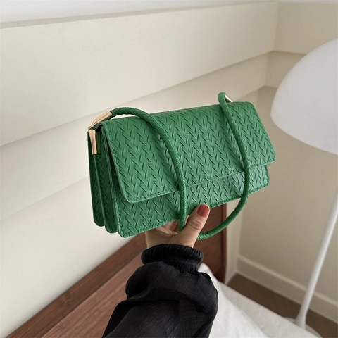 Women Woven Texture PU Leather Shoulder Bag Vintage Small Square Underarm Bag Chic Solid Color Commute Handbag For Office