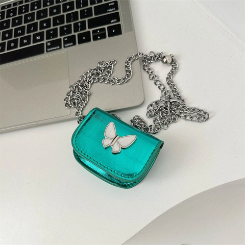 Y2K Mini Schmetterling Metallic PU Leder Kette Umhängetasche Für Damen Trendige Glänzende Lippenstift Münzbörse Schultertasche