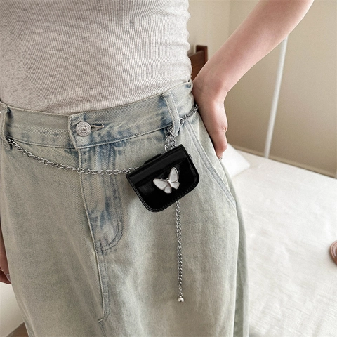 Y2K Mini Schmetterling Metallic PU Leder Kette Umhängetasche Für Damen Trendige Glänzende Lippenstift Münzbörse Schultertasche