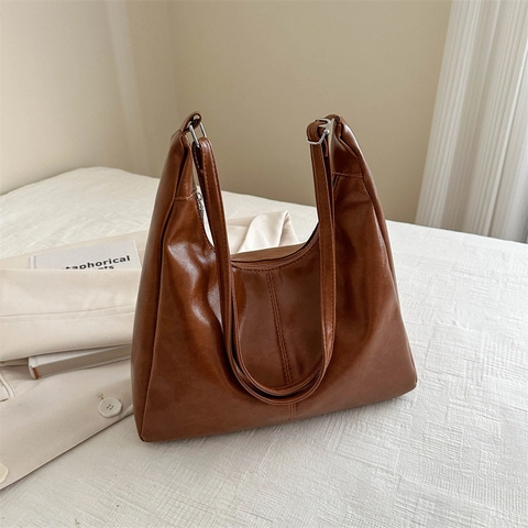 Women's Large Capacity Nylon Shoulder Tote Bag Retro Streetwear Style Fashionable Soft Texture Solid Color Hobo Handbag