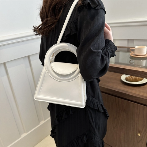 Bolso de Mano de Cuero PU para Mujer Moda Color Sólido Trapecio Bolso de Hombro Con Asa Redonda Bandolera Bolso Cuadrado Pequeño Estilo Diario
