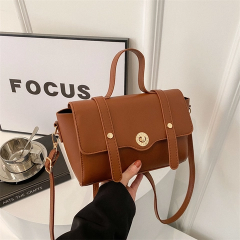 Women's Vintage PU Leather Small Square Shoulder Bag With Handle Metal Turn Lock Closure Adjustable Strap Crossbody Bag