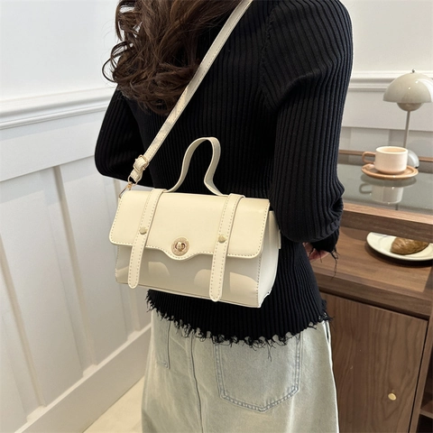 Women's Vintage PU Leather Small Square Shoulder Bag With Handle Metal Turn Lock Closure Adjustable Strap Crossbody Bag