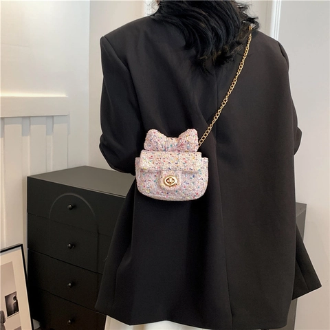 Borsa a Tracolla Dolce in Tweed da Donna Con Decorazione a Fiocco Catena Dorata Piccola Borsa a Spalla Quadrata Elegante Moda