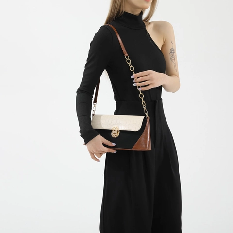 Sac à Épaule en Cuir PU Patchwork pour Femmes Motif Crocodile Sac Baguette avec Chaîne et Serrure Métallique