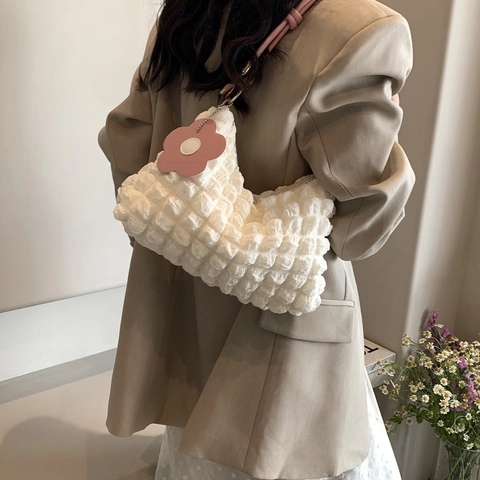 Sac à Épaule pour Femmes à Texture Bulle Sac Sous le Bras Plissé Avec Charme de Fleur Sac Cabas Décontracté pour le Quotidien