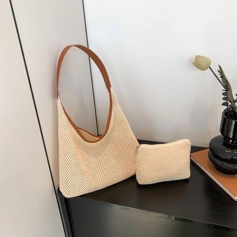 Sac Cabas Femme en Paille Tissé Minimaliste Grande Capacité Ensemble Deux Pièces Avec Pochette Intérieure pour Travail Vacances d'Été
