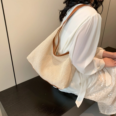 Sac Cabas Femme en Paille Tissé Minimaliste Grande Capacité Ensemble Deux Pièces Avec Pochette Intérieure pour Travail Vacances d'Été