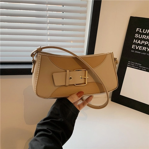 Bolso Baguette de Cuero PU Vintage para Mujer Minimalista Empalmado Color Sólido Hombro Bandolera Pequeño Bolso Cuadrado
