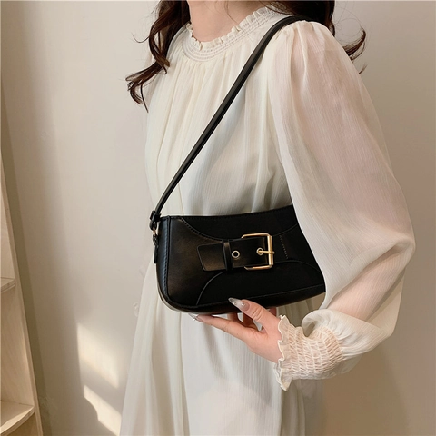 Bolso Baguette de Cuero PU Vintage para Mujer Minimalista Empalmado Color Sólido Hombro Bandolera Pequeño Bolso Cuadrado