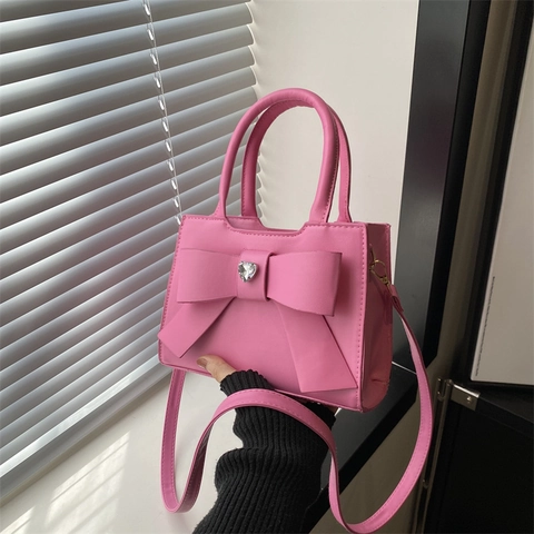Fashion Bow Knot Small Square Bag For Women Sweet Heart Rhinestone Handbag PU Leather Crossbody Shoulder Bag Stylish Purse