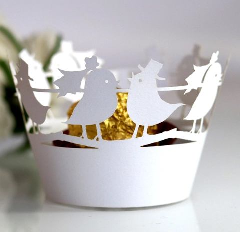 Hollow Laser Cut Love Birds Cupcake Wrappers Pearlescent Paper Cake Liners For Wedding Birthday Party Table Decorations