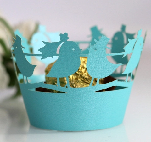 Hollow Laser Cut Love Birds Cupcake Wrappers Pearlescent Paper Cake Liners For Wedding Birthday Party Table Decorations