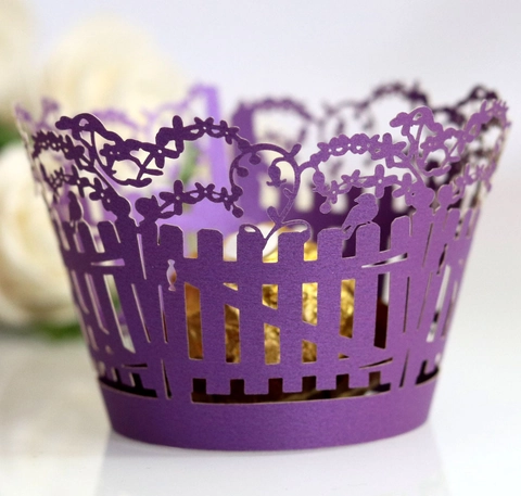 Laser Cut Hollow Cupcake Wrapper Bird Flower Fence Design Pearlescent Paper Cake Border For Wedding Birthday Party Decoration