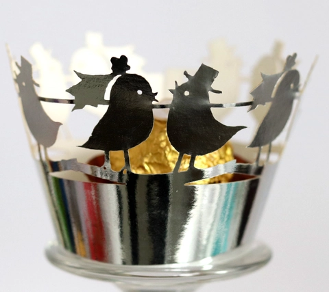 Vogel Silhouette Laserschnitt Perlmuttpapier Cupcake-Manschetten Ajouré Muffin-Hüllen Für Hochzeit Valentinstag Kuchen Deko