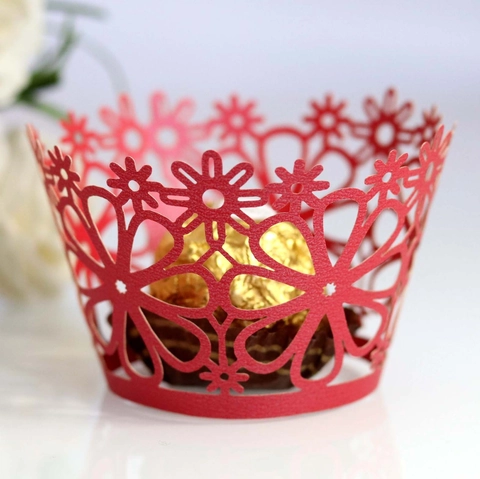Laser Cut Floral Cupcake Wrappers Pearl Paper Decorative Hollow Out Cake Liners For Wedding Birthday Party Decoration