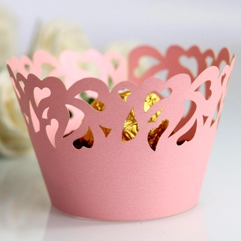 Hollow Heart Laser Cut Cupcake Wrappers Pearlescent Paper Cake Borders For Wedding Birthday Party Decorations Romantic Baking Accessories