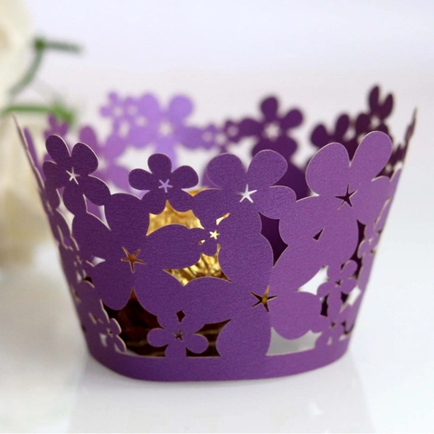 Hollow Flower Laser Cut Cupcake Wrappers Pearlescent Paper Cake Decorative Border For Wedding Party Birthday Celebration Supplies