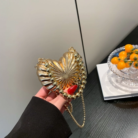 Bolso de Noche con Forma de Corazón y Textura Radiante para Mujer Mango de Perlas Artificiales Cadena Bolso de Hombro Moda