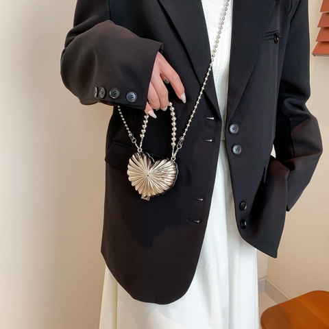 Bolso de Noche con Forma de Corazón y Textura Radiante para Mujer Mango de Perlas Artificiales Cadena Bolso de Hombro Moda