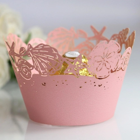 Laser Gesneden Oceaan Thema Cupcake Wrappers Holle Uit Schelp Zeester Ontwerp Karton Muffin Cup Decoraties Voor Bruiloft Feest