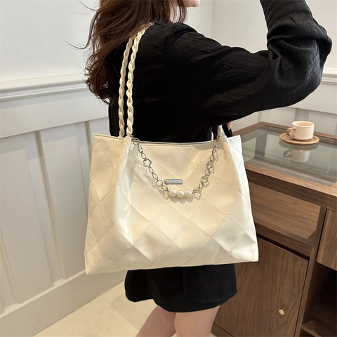 Bolso Tote Acolchado para Mujer Gran Capacidad Cuero PU Bolso de Hombro Con Cadena de Perlas Artificiales y Asa Trenzada Moda Bolso Diario