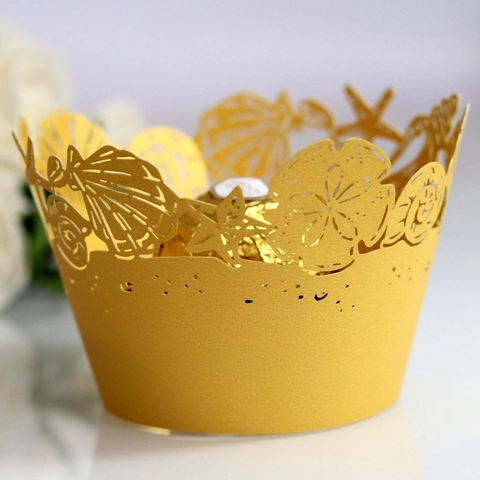 Corte Láser Tema Océano Envoltorio Cupcake Concha Marina Estrella de Mar Papel Hueco Decoración Pasteles para Boda Cumpleaños Fiesta