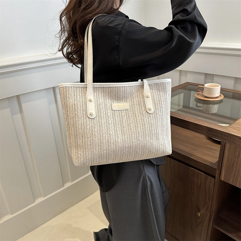 Large Women Straw Woven Tote Bag Fashion Herringbone Pattern Synthetic Leather Trim Shoulder Bag Summer Beach Vacation Handbag