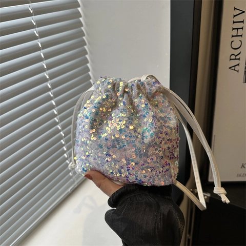 Women Sparkly Sequin Drawstring Bucket Bag Fashion Shoulder Crossbody Bag Niche Ins Style Casual Party Travel Handbag For Ladies