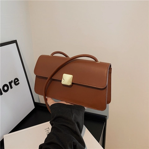 Vintage PU Leder Kleine Quadratische Umhängetasche Für Damen Einfarbig Crossbody Handtasche Mit Gold Metallschloss Mode Tasche