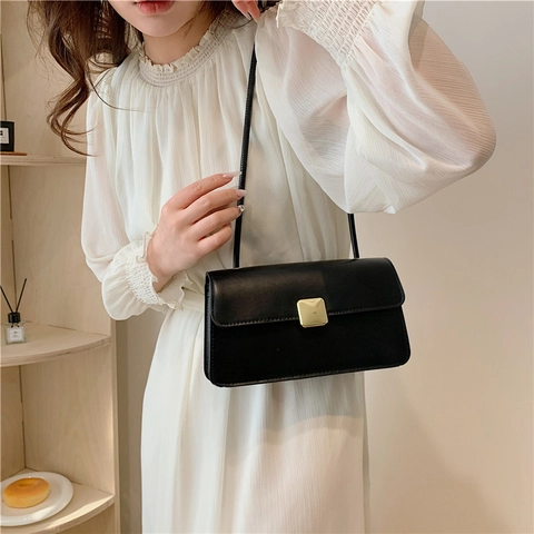 Vintage PU Leder Kleine Quadratische Umhängetasche Für Damen Einfarbig Crossbody Handtasche Mit Gold Metallschloss Mode Tasche