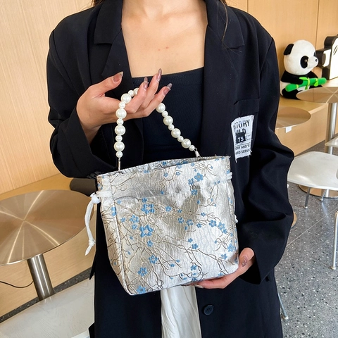 Vintage Chinese Floral Embroidered Drawstring Bucket Bag For Women Nylon Jacquard Shoulder Bag With Artificial Pearl Handle